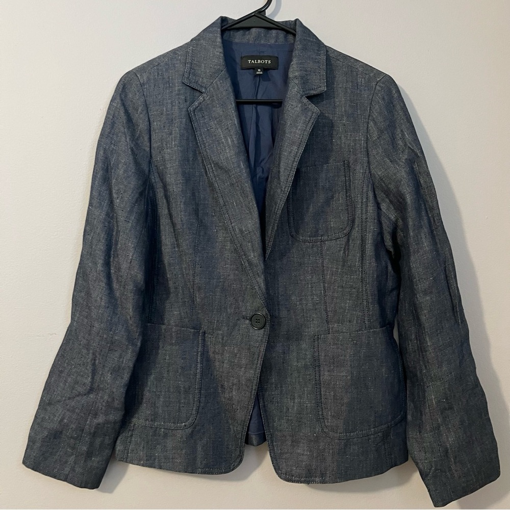 TALBOTS women's blazer jacket 100% linen single breasted fully lined navy sz 10